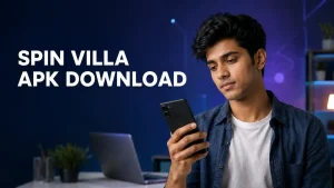 Young Indian man holding a smartphone beside the text “Spin Villa APK Download” in a modern workspace.
