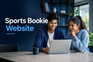 Two Gen Z adults using a laptop in a modern workspace with “Sports Bookie Website” text.