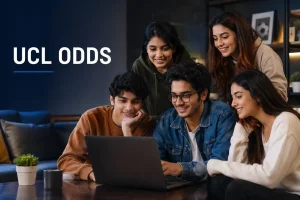 Five diverse Gen Z adults gathered around a laptop in a modern indoor setting, representing UCL odds, with a clean editorial design and bold “UCL ODDS” text.