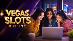 Three young Indian women viewing a laptop beside shiny gold “Vegas Slots Online” text in a modern nighttime lounge.