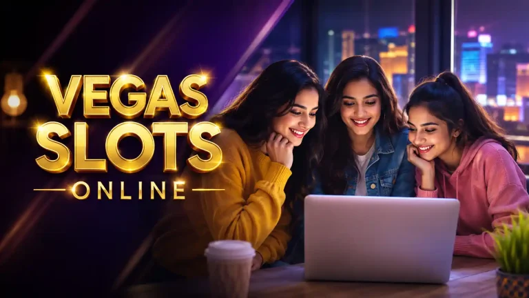 Three young Indian women viewing a laptop beside shiny gold “Vegas Slots Online” text in a modern nighttime lounge.