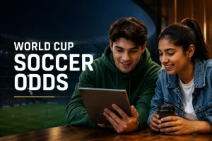 Two diverse Gen Z young adults reviewing soccer information on a tablet in a stadium setting, with “World Cup Soccer Odds” displayed prominently.
