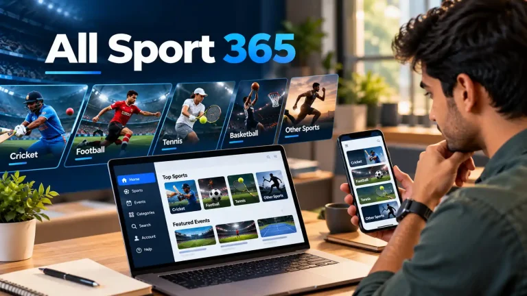 All Sport 365 sports platform showing cricket, football, tennis and other categories with desktop and mobile navigation.