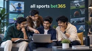 All sports bet365 guide featuring four Indian Gen Z men exploring different sports categories on a laptop.