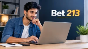 Bet 213 guide featuring a young man researching the platform on a laptop in a modern home-office setting.