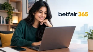 Indian Gen Z woman using a laptop in a modern workspace with Betfair 365 branding