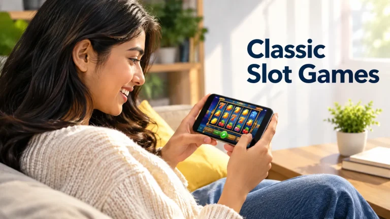 Classic slot games featuring a player enjoying a traditional slot-style game on a mobile device in a modern setting