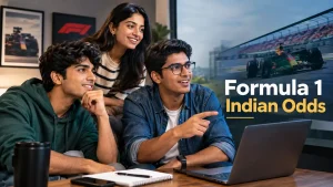 Three Indian Gen Z friends discussing Formula 1 Indian odds while watching a race on a laptop