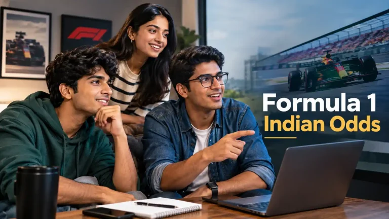 Three Indian Gen Z friends discussing Formula 1 Indian odds while watching a race on a laptop