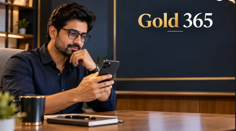 Gold 365 platform overview featuring an Indian user reviewing information on a smartphone in a clean, professional setting.
