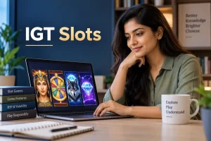 IGT Slots guide featuring an Indian woman exploring game themes, features, and gameplay mechanics on a laptop in a modern home office.
