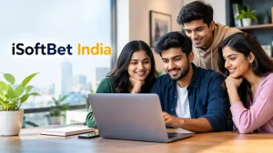 iSoftBet India guide featuring Indian professionals researching iSoftBet information on a laptop in a modern workspace.
