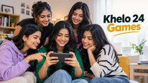 Five diverse Indian Gen Z women using a smartphone together while exploring Khelo 24 Games in a modern, relaxed setting.
