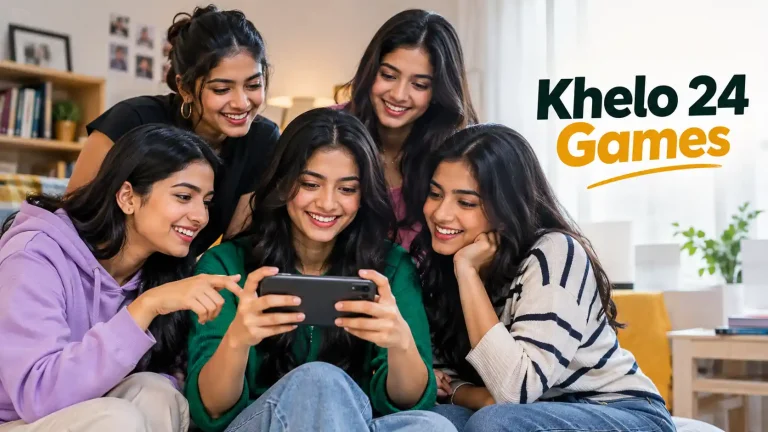 Five diverse Indian Gen Z women using a smartphone together while exploring Khelo 24 Games in a modern, relaxed setting.