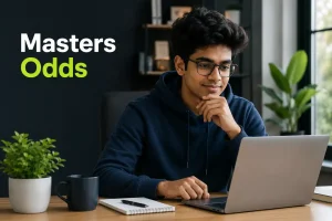 Young Indian Gen Z man researching Masters odds on a laptop in a modern workspace.