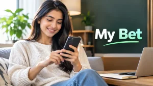 My Bet featured image showing a young woman using a smartphone in a modern, softly lit home setting with clean editorial styling.