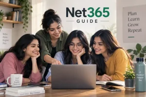 Net365 guide featuring four Indian Gen Z women reviewing information together on a laptop in a modern study setting.