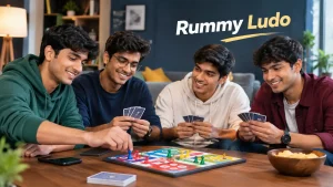 what is Rummy Ludo game featuring four Indian Gen Z friends enjoying a casual indoor board game session together