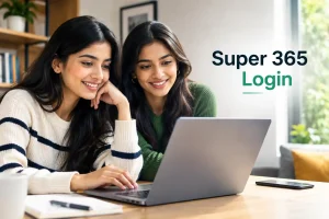 Two Indian Gen Z women using a laptop while exploring the Super 365 login page in a modern home setting.