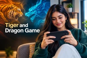 Tiger and Dragon Game featuring an Indian Gen Z woman playing a modern mobile game in a premium editorial setting.