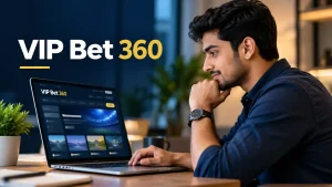 VIP Bet 360 guide showing an Indian user reviewing the platform interface, navigation and features on a laptop.