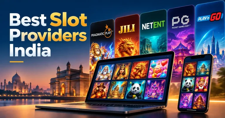 Best slot providers India comparison featuring Pragmatic Play, JILI, NetEnt, PG Soft, and Play’n GO, with slot game previews displayed on a laptop and smartphone.