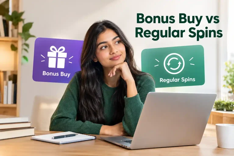 Bonus buy vs regular spins comparison featuring a clean, modern workspace with visual panels illustrating the differences between the two slot game features.