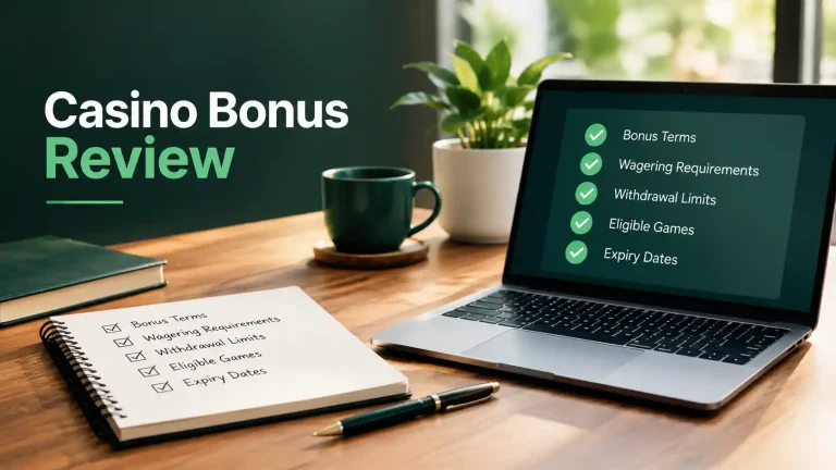 Casino bonus review checklist displayed on a laptop and notebook, highlighting wagering requirements, withdrawal limits, eligible games, bonus terms, and expiry dates.