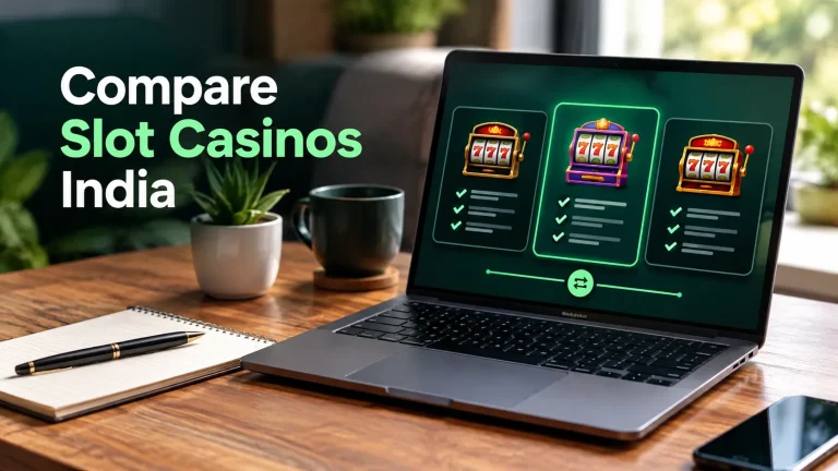 Compare slot casinos India with a modern laptop displaying a side-by-side comparison of slot casino platforms on a desk with a notebook, pen, and coffee mug.
