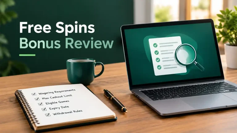 Free spins bonus review checklist showing wagering requirements, maximum cashout limits, eligible games, expiry dates, and withdrawal rules on a laptop and notebook in a clean, modern workspace.