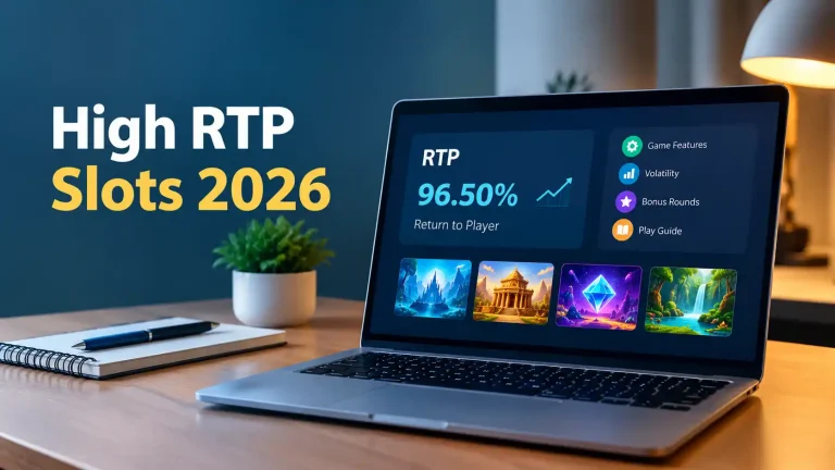 High RTP slots 2026 guide displayed on a laptop screen, highlighting RTP percentage, game features, volatility, and bonus rounds in a modern desktop workspace.