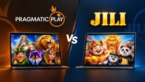 Pragmatic Play vs JILI comparison featuring both gaming providers’ logos and colorful game characters displayed on laptop screens against a contrasting orange and blue background.