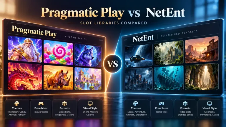 Pragmatic Play vs NetEnt slot libraries comparison featuring popular game themes, recognizable franchises, visual styles, and gameplay formats in a side-by-side layout.