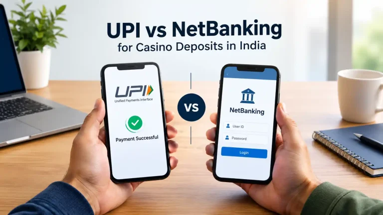 UPI vs NetBanking casino comparison showing mobile payment interfaces for UPI and NetBanking on smartphones in India.