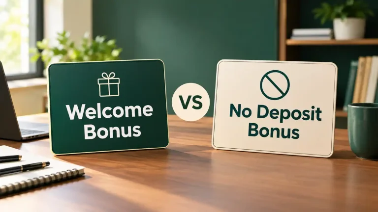 Welcome bonus vs no deposit bonus comparison displayed on two signs in a clean, modern workspace, highlighting the difference between the two bonus types.
