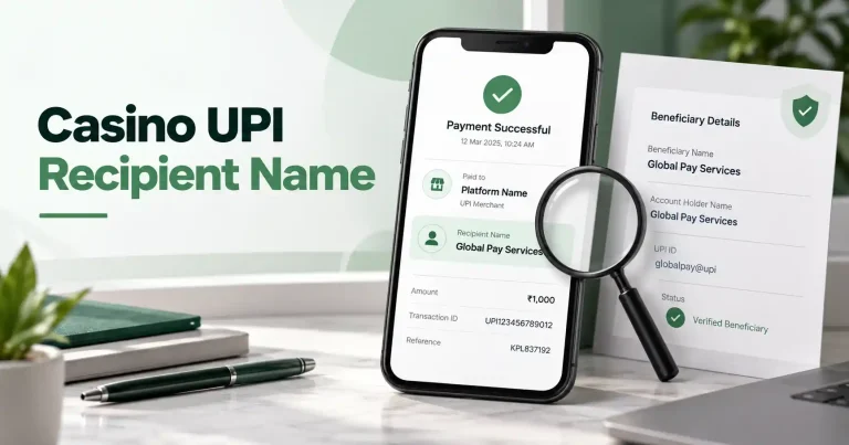 Casino UPI recipient name verification displayed on a smartphone, highlighting differences between the platform name and UPI beneficiary details.