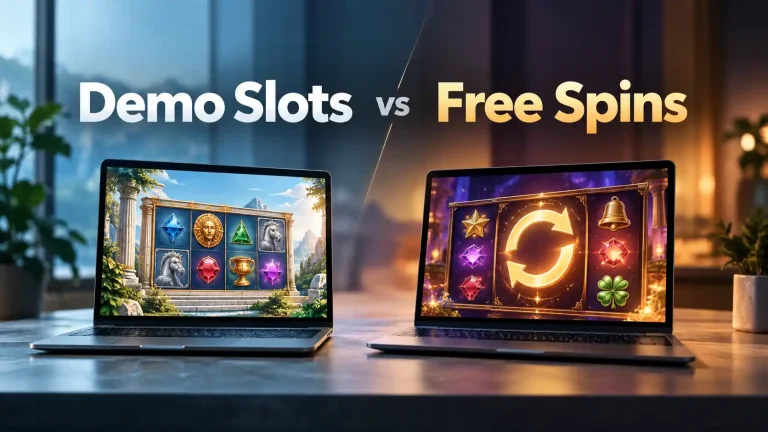 Demo slots vs free spins comparison showing two laptops with different slot game interfaces, highlighting demo gameplay and free spin features.