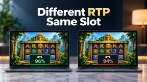 Different RTP same slot comparison showing two identical-looking slot game versions on laptops with theoretical RTP values of 96% and 94%, illustrating how the same game can use different RTP configurations.