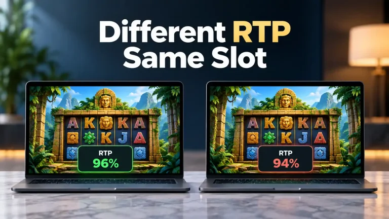 Different RTP same slot comparison showing two identical-looking slot game versions on laptops with theoretical RTP values of 96% and 94%, illustrating how the same game can use different RTP configurations.