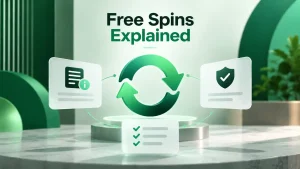 Free spins explained with a green-themed illustration featuring circular arrows, information panels, and checklists representing wagering requirements, eligible games, and withdrawal rules.