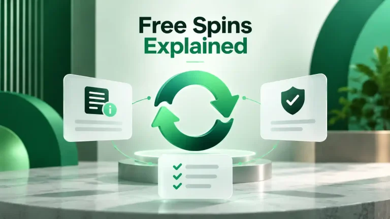 Free spins explained with a green-themed illustration featuring circular arrows, information panels, and checklists representing wagering requirements, eligible games, and withdrawal rules.