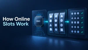how online slots work illustrated through an RNG processor, digital reel mapping, and paytable result evaluation in a clean tech-style diagram.