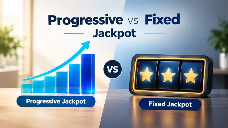 Progressive vs Fixed Jackpot comparison showing an increasing blue bar chart with an upward arrow for progressive jackpots and a glowing slot machine with three golden stars representing fixed jackpots.