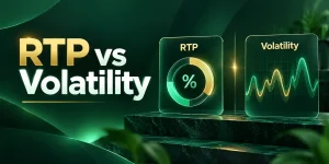 RTP vs volatility comparison infographic featuring a percentage chart for Return to Player (RTP) and a fluctuating line graph representing game volatility, displayed in a premium green and gold design.