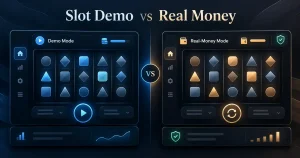 slot demo vs real money comparison showing two matching game interfaces for demo mode and real-money mode with virtual credits, account controls, and security indicators.