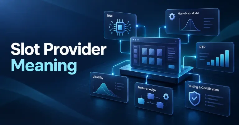 slot provider meaning illustrated through a modern software interface showing RNG, RTP, volatility, game math, feature design, and testing components.