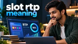 Slot RTP meaning explained with an Indian user reviewing Return to Player information and a 96% RTP example on a laptop screen.