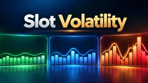 Slot volatility illustrated with low, medium, and high payout-pattern charts showing differences in payout frequency and variation.