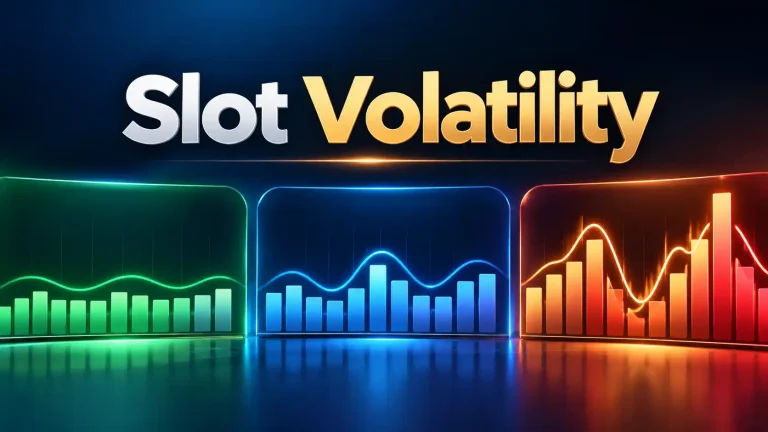 Slot volatility illustrated with low, medium, and high payout-pattern charts showing differences in payout frequency and variation.
