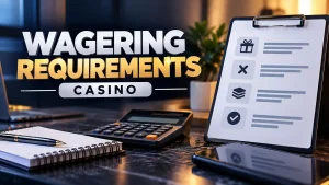 Wagering requirements casino guide featuring a calculator, checklist, and notebook illustrating bonus conditions, wagering rules, and withdrawal requirements.